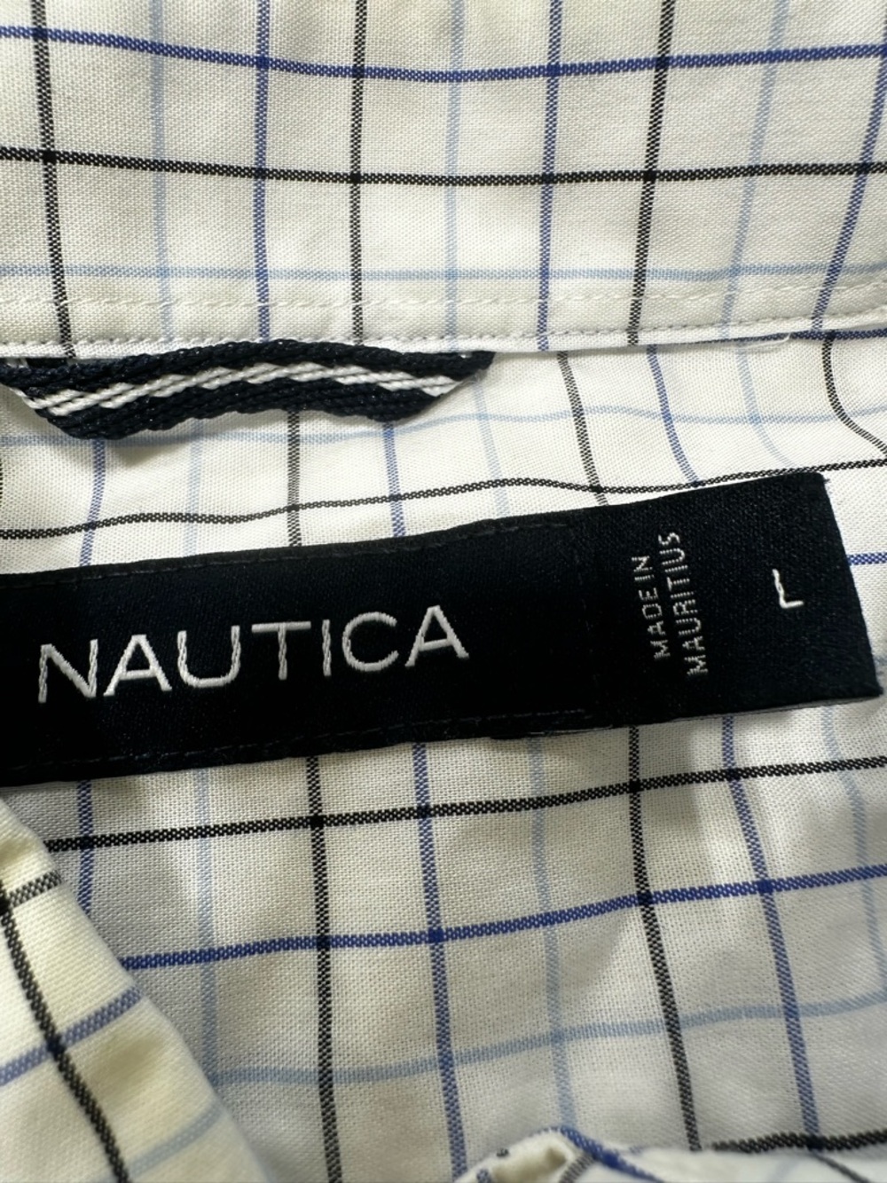 Nautica White Dress Shirt with Blue and Black Windowpane Plaid